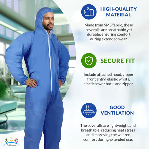 Blue Disposable Coveralls With Hood In Large Size Tri Laminated SMS Polypropylene Work Suit With Zipper And Elastic Wrists And Ankles 25 Pack For Industrial Safety In Construction And Manufacturing.