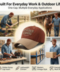 Lightweight Bump Cap With ABS Shell Protective Insert for jobsite, Western vintage style displayed during various work tasks.