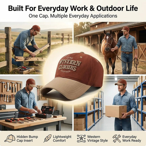 Lightweight Bump Cap With ABS Shell Protective Insert for jobsite, Western vintage style displayed during various work tasks.