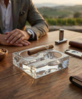 Clear Glass Cigar Ashtray Made From Premium Crystal, Heavyweight For Two Cigars, Modern Square Design on a wooden table