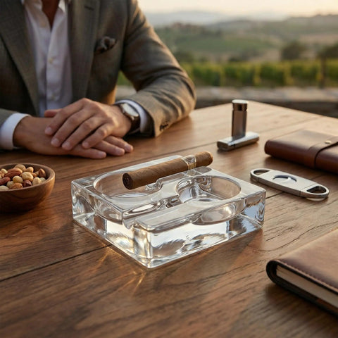 Clear Glass Cigar Ashtray Made From Premium Crystal, Heavyweight For Two Cigars, Modern Square Design on a wooden table