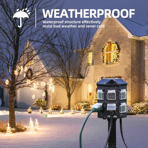 Outdoor Power Strip With 25 Ft Extension Cord, Remote Dusk To Dawn Timer, Waterproof, 6 Grounded Outlets for yard decor