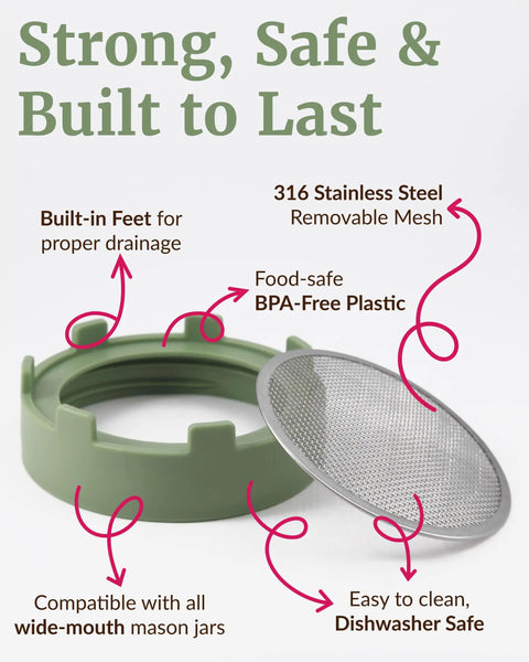 Sprouting Lids For Wide Mouth Mason Jars Set Of 2 Mesh Screen Strainer Lids For Organic Alfalfa And Mung Bean Sprouts Stainless Steel 316 Sage Green Accessory with built-in feet for drainage and removable mesh