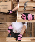 Pink Safety Work Gloves For Women And Men, Medium Size, Tough Polyester Back, Comfortable Ergonomic Fit, Built For DIY, Construction, Gardening, And Everyday Grippy Tasks, shown handling boxes and tools