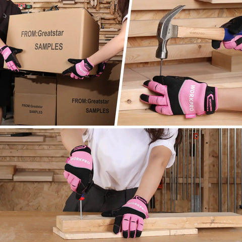 Pink Safety Work Gloves For Women And Men, Medium Size, Tough Polyester Back, Comfortable Ergonomic Fit, Built For DIY, Construction, Gardening, And Everyday Grippy Tasks, shown handling boxes and tools