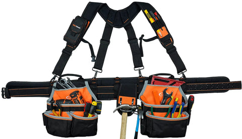 Pro Framer Combo System Tool Belt With Suspenders Do It All Rugged Heavy Duty Construction Pouch Set, tools visible