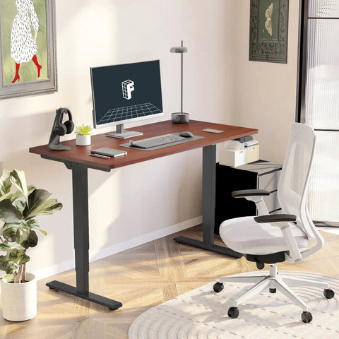 Spacious Flexispot Electric Standing Desk With Dual Motor Three Stage Lift And Memory Presets 55 By Twenty Eight Inches Whole Piece Mahogany Desktop Black Frame in modern home office setup.