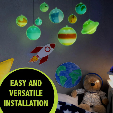3D Solar System Glow In The Dark Ceiling Hanging Kit With Planets And Star Stickers For STEM Education Includes Mars Pluto