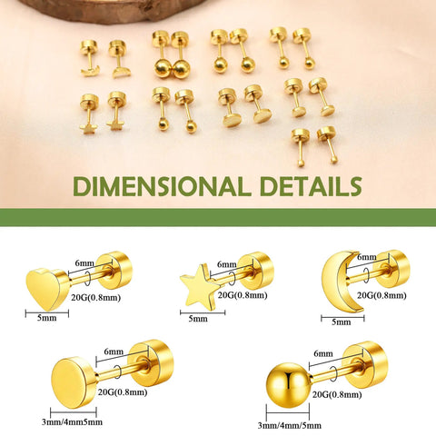 Gold Flat Back Stud Earrings Set With 9 Pairs Screw Back Minimalist Everyday Vibe Cartilage Jewelry For Women And Men Hypoallergenic Tiny Studs In Star Heart Moon Ball Disc Designs 3mm 4mm 5mm Sleeper Earring Set gold flat-back studs with size details