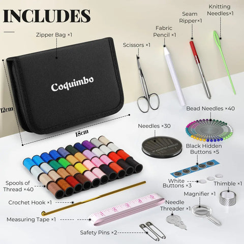 All In One Sewing Kit For On The Go Quick Fixes And DIY Repairs, Handy Organizer With Scissors, Thread, Needles, Tape Measure