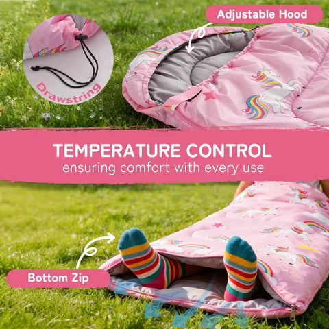 Kids Sleeping Bag For 3 4 Seasons With Compression Sack Lightweight 2.2 Lbs Camping Gear For Boys Girls And Toddlers Pink 63x26