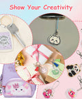 Creative display of Shrink Dink Keychain Kit With 242 Pieces including charms, tassels, and finished keychains on accessories.