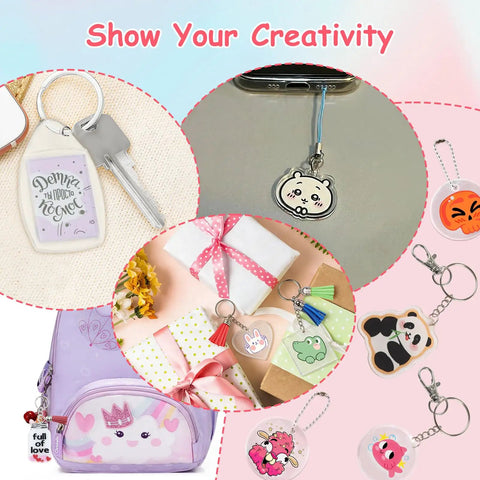 Creative display of Shrink Dink Keychain Kit With 242 Pieces including charms, tassels, and finished keychains on accessories.