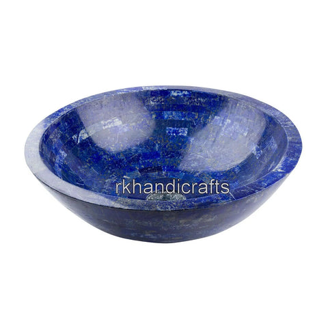 Blue Stone Vessel Sink With Lapis Lazuli Overlay Handmade 24 Inch Wash Basin For Bathroom Vanity Smooth Nonporous Finish side view