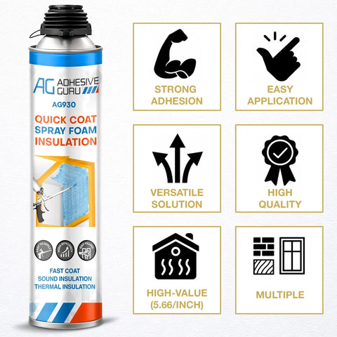 Closed Cell Spray Foam Insulation Kit For Walls With 12 Cans Of 32.8 Oz Each Covers 240 Board Feet DIY Sealant Set can features labels depicting benefits like strong adhesion, easy application, and high quality.