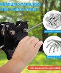 Hands holding Backyard Zip Line Kit For Kids And Adults, 200 Feet, Supports Up To 400 Lbs, showing cable and trolley.