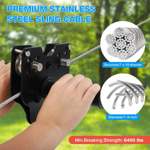Hands holding Backyard Zip Line Kit For Kids And Adults, 200 Feet, Supports Up To 400 Lbs, showing cable and trolley.