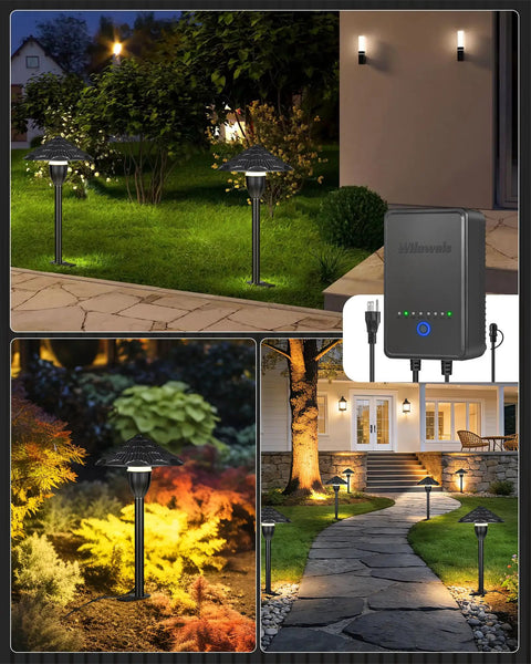 All In One LED Low Voltage Landscape Lighting Kit With Eight Pathway Lights And Transformer One Hundred Foot Wire And Connectors 3000K Waterproof Yard Garden Walkway Lighting For No Fuss Easy DIY Setup illuminating garden and path at night