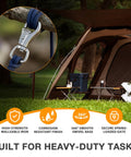 Labeumela 2-pack heavy-duty bull snap hooks with eye bolts, silver steel, attached to blue rope in camping setup