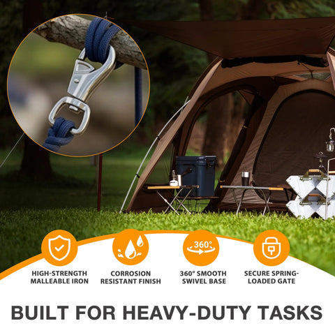 Labeumela 2-pack heavy-duty bull snap hooks with eye bolts, silver steel, attached to blue rope in camping setup