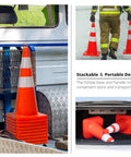 Ten Pack 28 Inch PVC Traffic Cones With Reflective Collars for Parking Lots Roadwork and Traffic Control; stack of cones in truck
