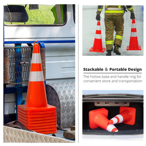 Ten Pack 28 Inch PVC Traffic Cones With Reflective Collars for Parking Lots Roadwork and Traffic Control; stack of cones in truck