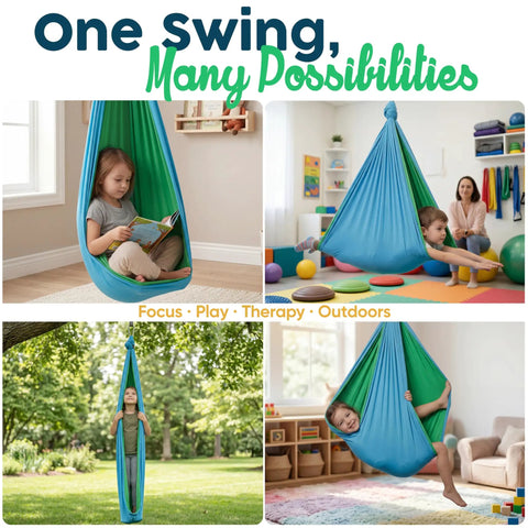Indoor Outdoor Kid Sensory Swing With Calming Cocoon Hug Hammock in various settings, 360 Degree Swivel Hardware visible.