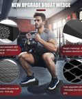 Ergonomic Squat Wedge Block With 15 Degree Raised Heel Ramp And Grip Tight Non Slip Base 1500 Lb Capacity used by man with kettlebell in gym.