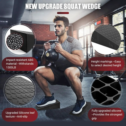 Ergonomic Squat Wedge Block With 15 Degree Raised Heel Ramp And Grip Tight Non Slip Base 1500 Lb Capacity used by man with kettlebell in gym.