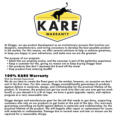 KARE Warranty logo with text about Sloggn product replacement and repair policy.