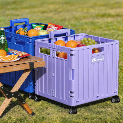 Beast Folding Utility Cart With Lid 65L Capacity Portable Rolling Cart in purple, filled with fruits and snacks outdoors