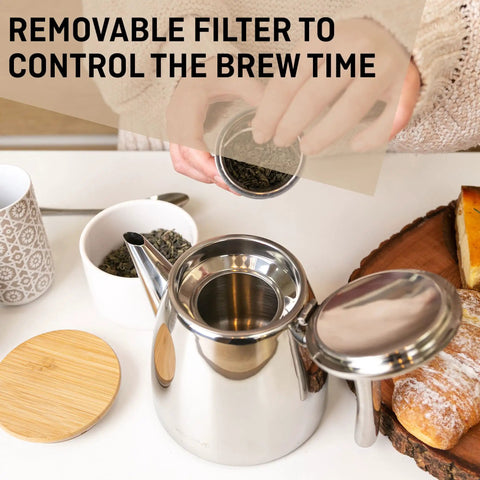 Top Tier Stainless Steel Teapot With Integrated Fine Mesh Infuser And Double Wall Construction That Stays Piping Hot One Liter Capacity, brew control.