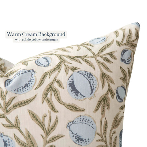 Alisa Blue Block Print Pomegranate Pillow Cover 100 Percent Cotton Throw Pillow Cover Decorative Accent For Sofa Couch Bed 14x24 Vintage Coastal Grandma Grandmillennial Style warm cream block print pillow, 14x24 cotton