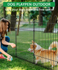 Durable No Dig Garden Fence With Gate 32 Inch Tall Panels 29 Inch Wide Each 10 Panels Rustproof Metal Outdoor Barrier For Yard And Patio with woman and dog interaction.