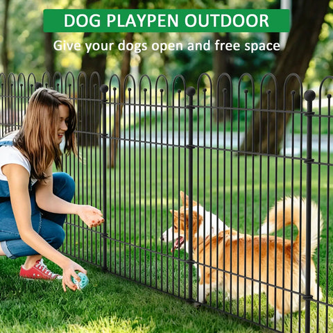 Durable No Dig Garden Fence With Gate 32 Inch Tall Panels 29 Inch Wide Each 10 Panels Rustproof Metal Outdoor Barrier For Yard And Patio with woman and dog interaction.