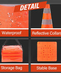 28 Inch Collapsible Traffic Safety Cones Pack Of 4 With Reflective Collar showing waterproof feature, stable base, storage bag