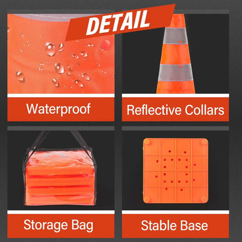 28 Inch Collapsible Traffic Safety Cones Pack Of 4 With Reflective Collar showing waterproof feature, stable base, storage bag