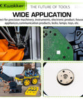 Collage showing precision machinery, electronic board, robotic arm, and hard drive for tool application insights.