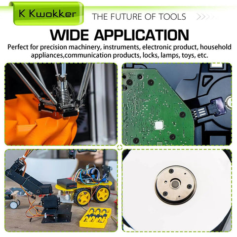 Collage showing precision machinery, electronic board, robotic arm, and hard drive for tool application insights.
