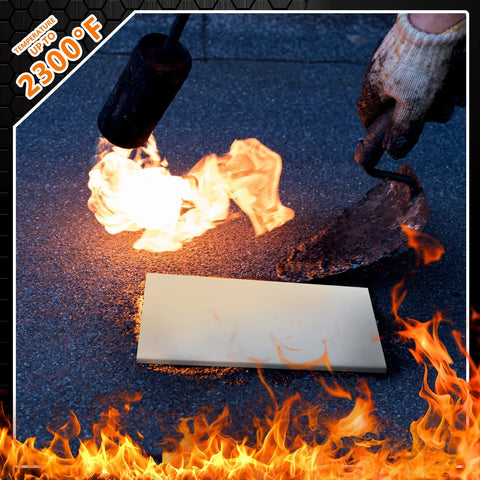 Maasechs ceramic fiber insulation board, 0.47 x 18 x 24 in, white; shown with a torch flame on asphalt