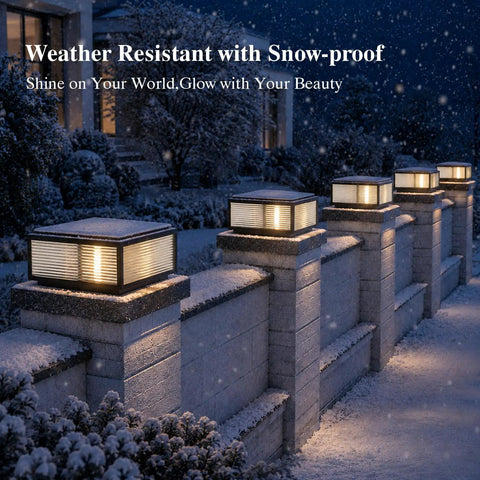 Level Up Your Curb Game With This Badass Outdoor Porch Lamp Post Light Featuring A Large Black Gate Column Pillar Design Built Tough For Weatherproof Pathway Vibes Classic Carriage Styling, showing snow-covered outdoor post lights.