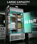 Heavy Duty Two Door Reach In Commercial Freezer, 35 Cu Ft with open doors displaying eight adjustable shelves and large capacity.