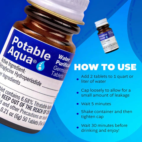 Close-up of Potable Aqua Water Purification Tablets bottle with usage instructions.