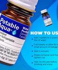 Close-up of Potable Aqua bottle with instructions, Water Purification Tablets For Travel And Survival, Portable Emergency Water Treatment.