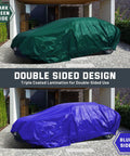 16 Mil Heavy Duty Waterproof Tarp with Metal Grommets, reversible dark green and blue poly tarp, 10x12 ft covering parked car
