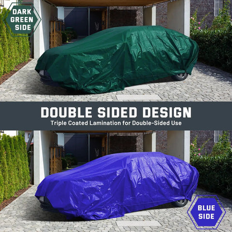 16 Mil Heavy Duty Waterproof Tarp with Metal Grommets, reversible dark green and blue poly tarp, 10x12 ft covering parked car