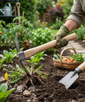 Gardener using 2 In 1 Garden Hoe And Pickaxe Heavy Duty Weeding And Digging Tool With Wood Handle in vegetable garden