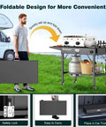 Portable Outdoor Grill Table Cart With Wheels shown as foldable, heavy duty folding stand fits griddles or pizza ovens, tailgate ready prep station.