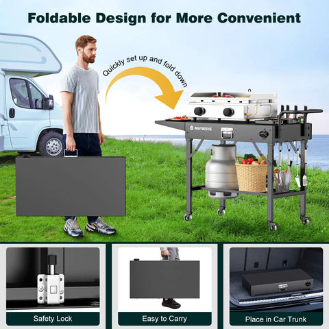 Portable Outdoor Grill Table Cart With Wheels shown as foldable, heavy duty folding stand fits griddles or pizza ovens, tailgate ready prep station.