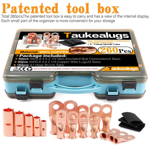 All In One Battery Terminal Kit With 260 Pcs AWG 8 To AWG 1 0 Bare Copper Ring Terminals Non Insulated Butt Connectors 65 Pcs Uninsulated Crimp Ferrule Lugs 65 Pcs Copper Lugs And 130 Pcs 3 To 1 Heat Shrink Tubes In A Two Sided Box displayed with toolbox lid open